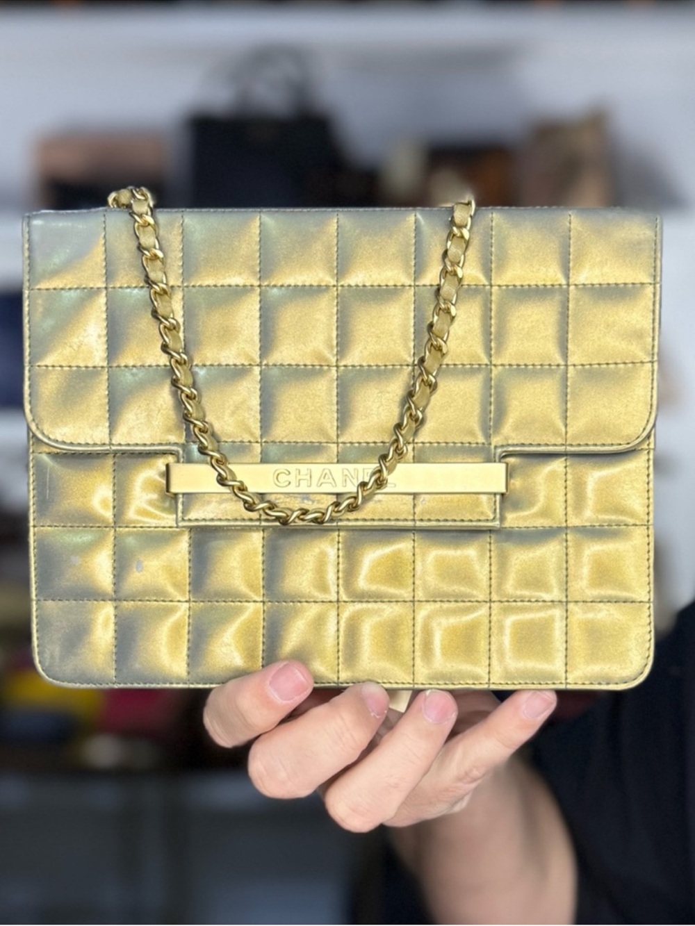 CHANEL Rare Quilted Metallic Gold Clutch